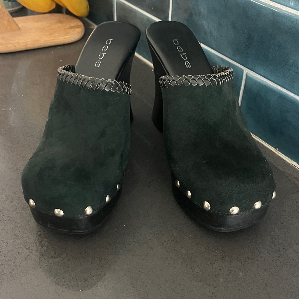 Bebe Rare Vintage Leather Studded Wood Clogs Y2K - Picture 10 of 16